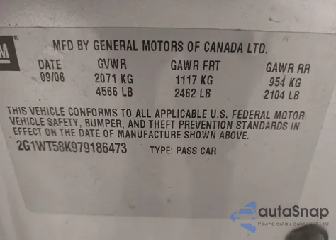 2007 Chevrolet Impala Lt z USA, uszkodzony, nr VIN 2G1WT58K979186473